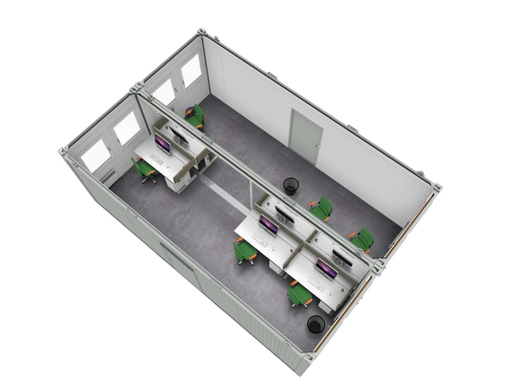Indretningseksempler: 2 stk. kontorcontainer der er indrettet som ét stort kontorlokale der har 6 kontorpladser.