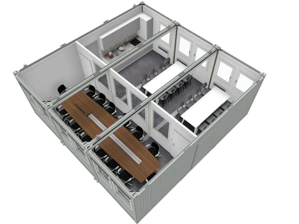 Indretningseksempler: 3 stk. kontorcontainer der er indrettet med mødelokale og spisesal.