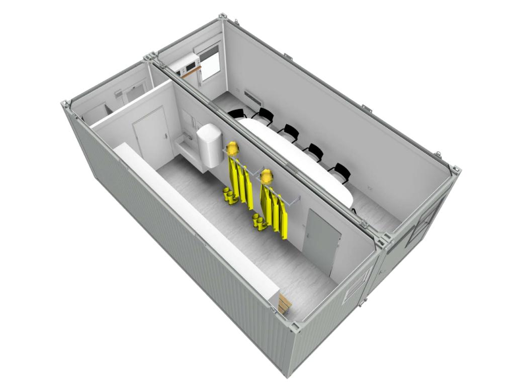 Indretningseksempel på 2 containere der eventuelt kan benyttes til byggepladsen. Den ene container er indrettet som spisesal mens den anden har omklædning, inklusiv bad.