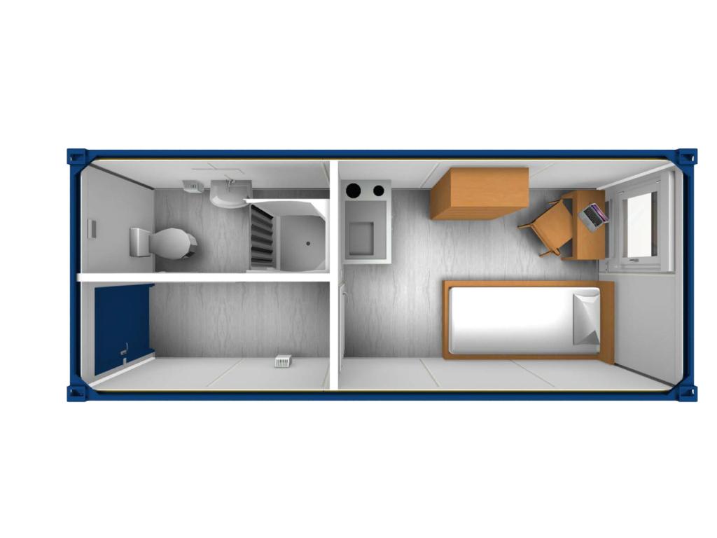 Indretning af 20 fods beboelsescontainer. Lille soveværelse der også indeholder minikøkken, og tilhørende toilet med bad.