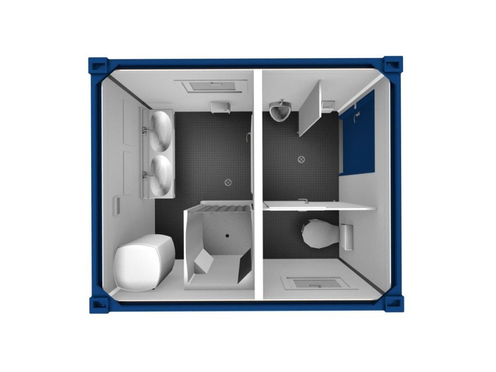 Denne kompakte løsning giver både bad, urinal og toilet i en 10 fods container. til hver afdeling er der sanitetsvindue. Disse vinduer kan skiftes ud med aircondition, der nøjagtig passer med rammen på et sådan vindue.