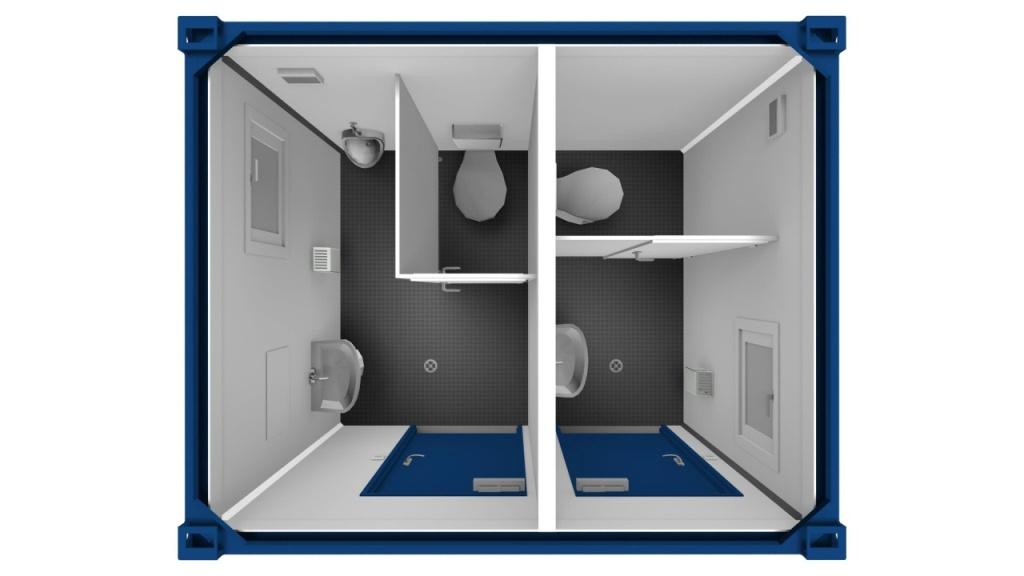 I denne 10 fod sanitetscontainer er der delt op til herre og dame toilet. begge afdelinger har toilet i bås samt vask, dør, sanitetsvindue og i herre afdelingen er der urinal.