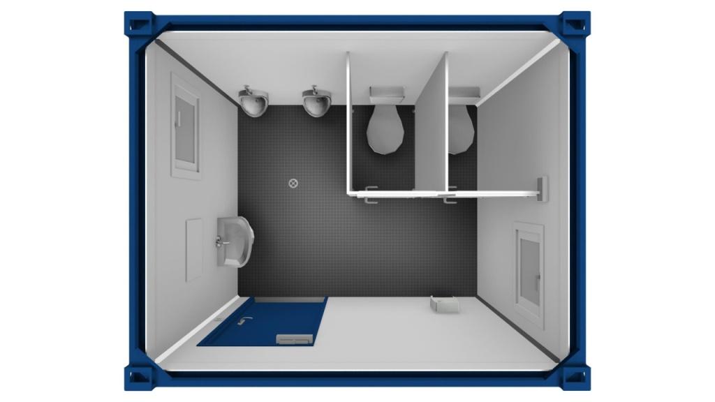 3D billede af toiletløsning i 10 fods container. Dræn i gulv, 2 stk. toiletbåse, 2 stk. urinal, 2 sanitetsvinduer samt vask og dør.