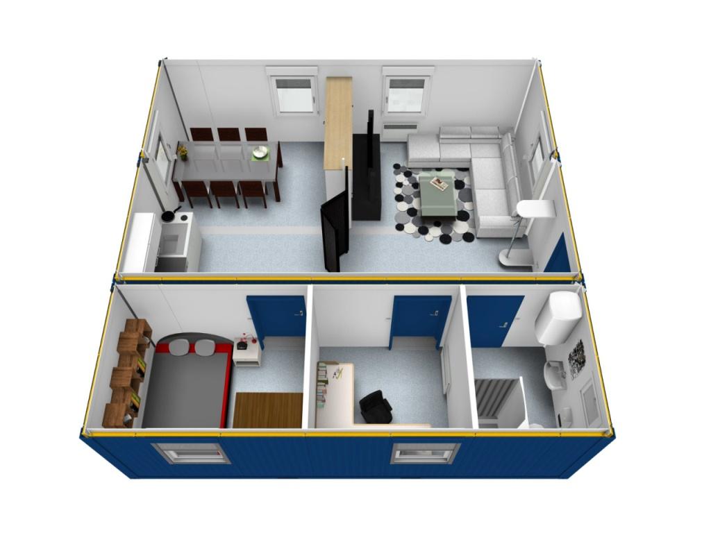 Indretningseksempler for Containex Classic Line serien. Denne løsning er for beboelse består af 3 sammenbyggede 20 fods containere. Beboelsen indeholder kontor, toilet med bad, køkken, soveværelse samt stue.